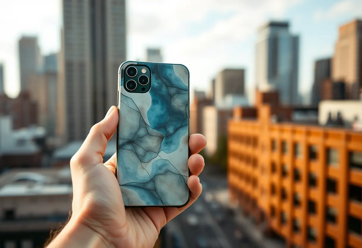 Main tenant un smartphone avec coque décorée de motifs abstraits