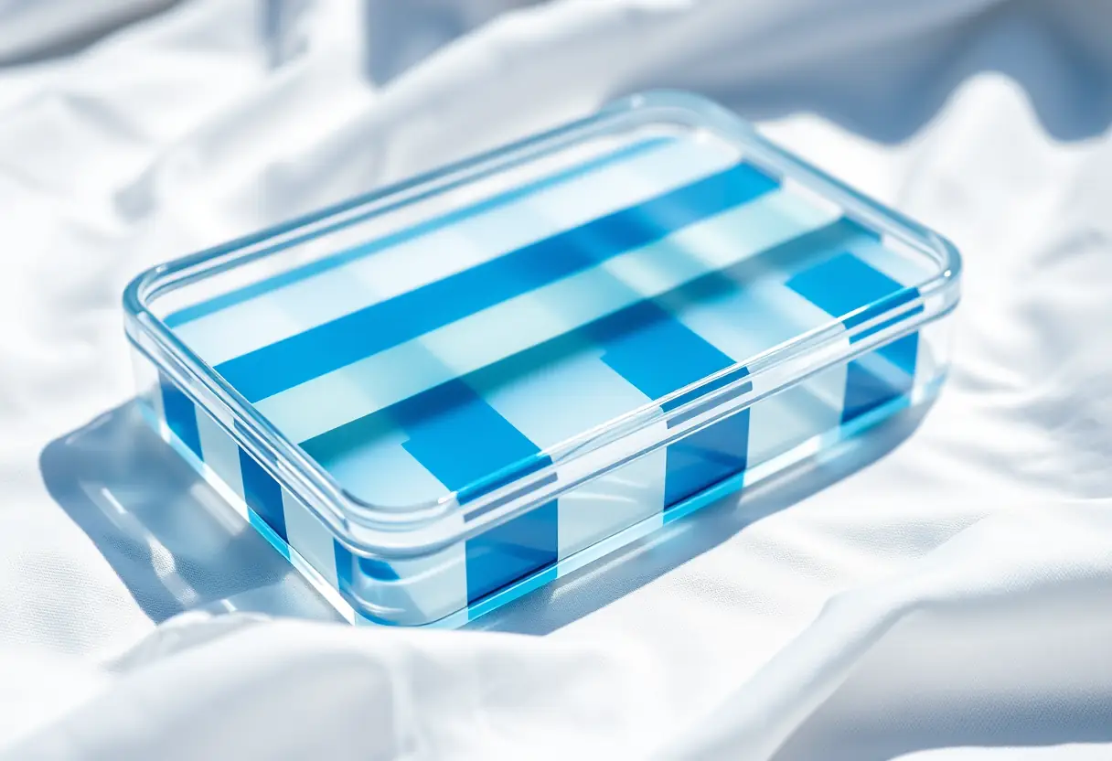 Coque en acrylique avec des rayures bleues et blanches, posée sur un tissu blanc, lumière claire