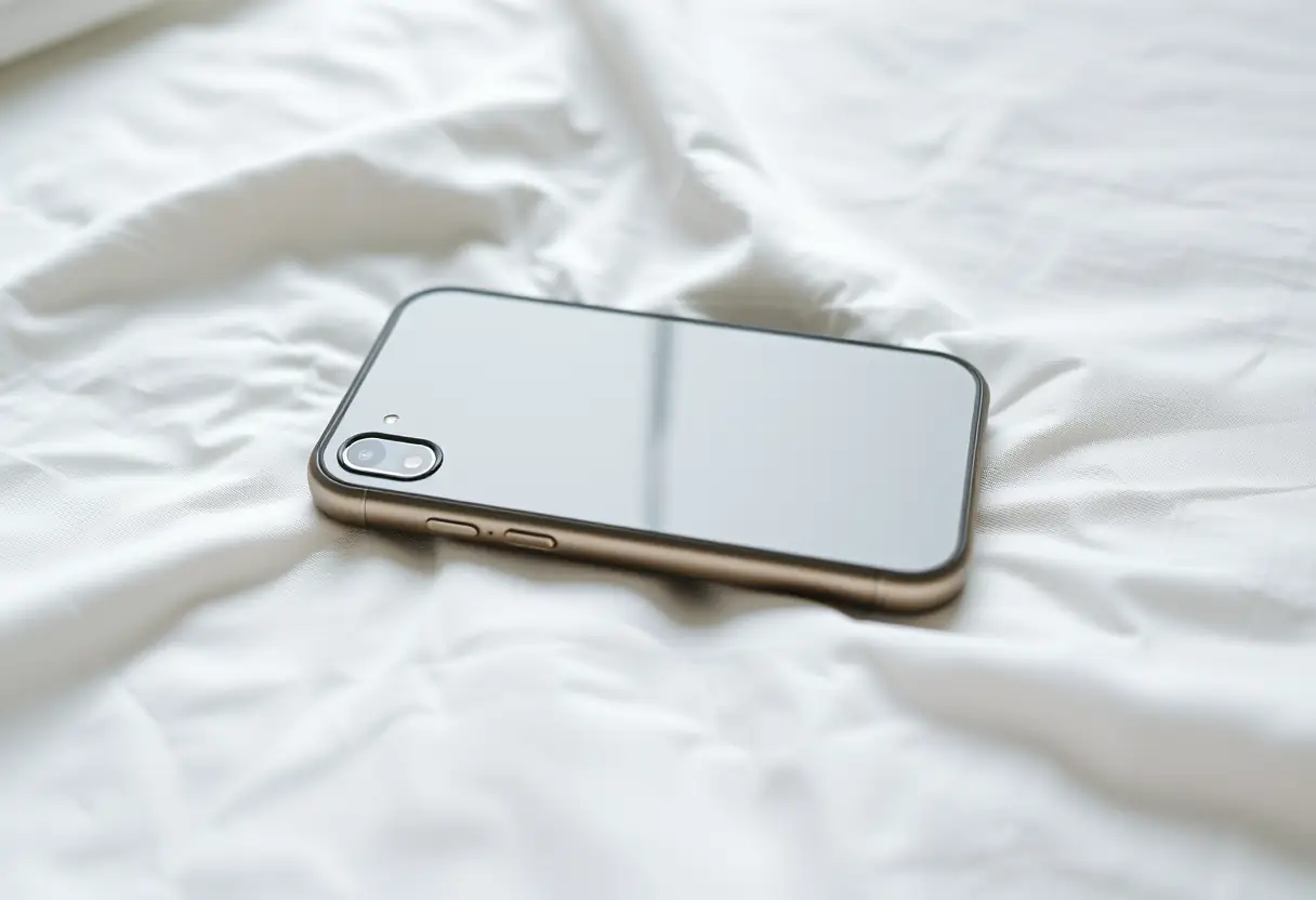 Une coque iPhone posée sur un tissu blanc, soulignant ses découpes précises