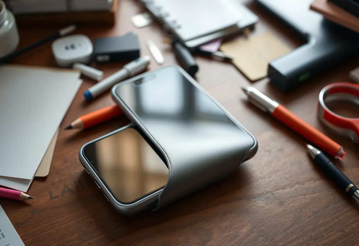 Un étui souple autour d'un iPhone posé sur un bureau chargé