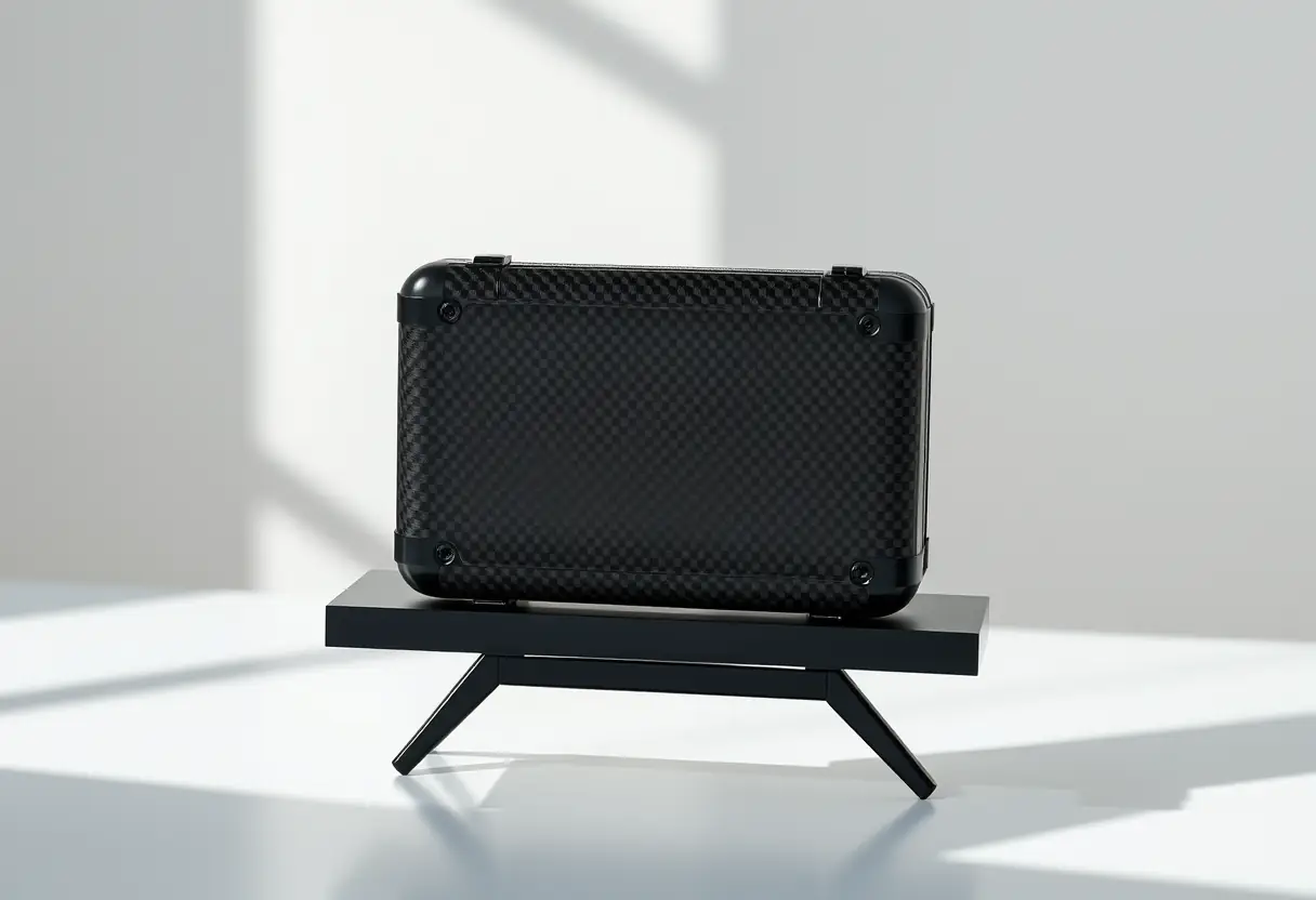 Une coque en fibre de carbone posée sur un support noir luisant, mettant en valeur son élégance et sa légèreté