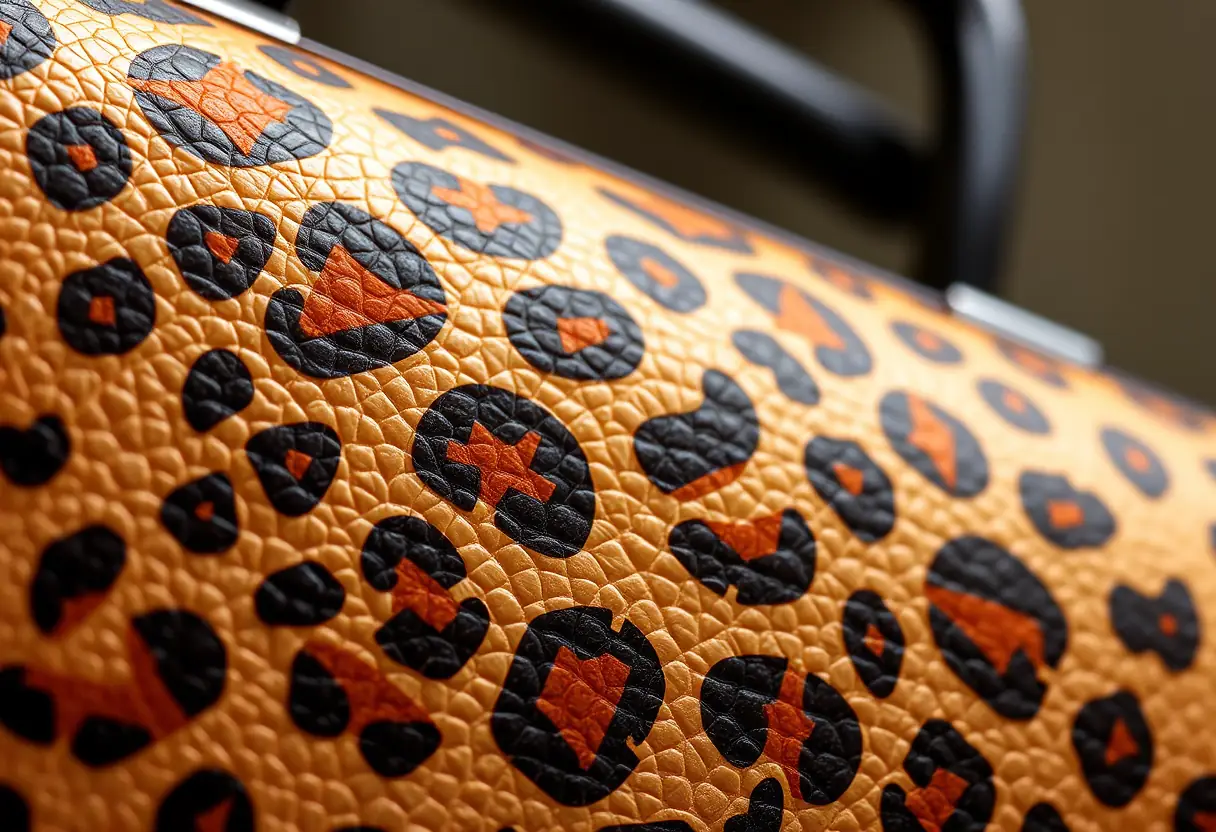 Vue rapprochée de la surface texturée d'une coque à motif léopard, lumière du jour diffuse