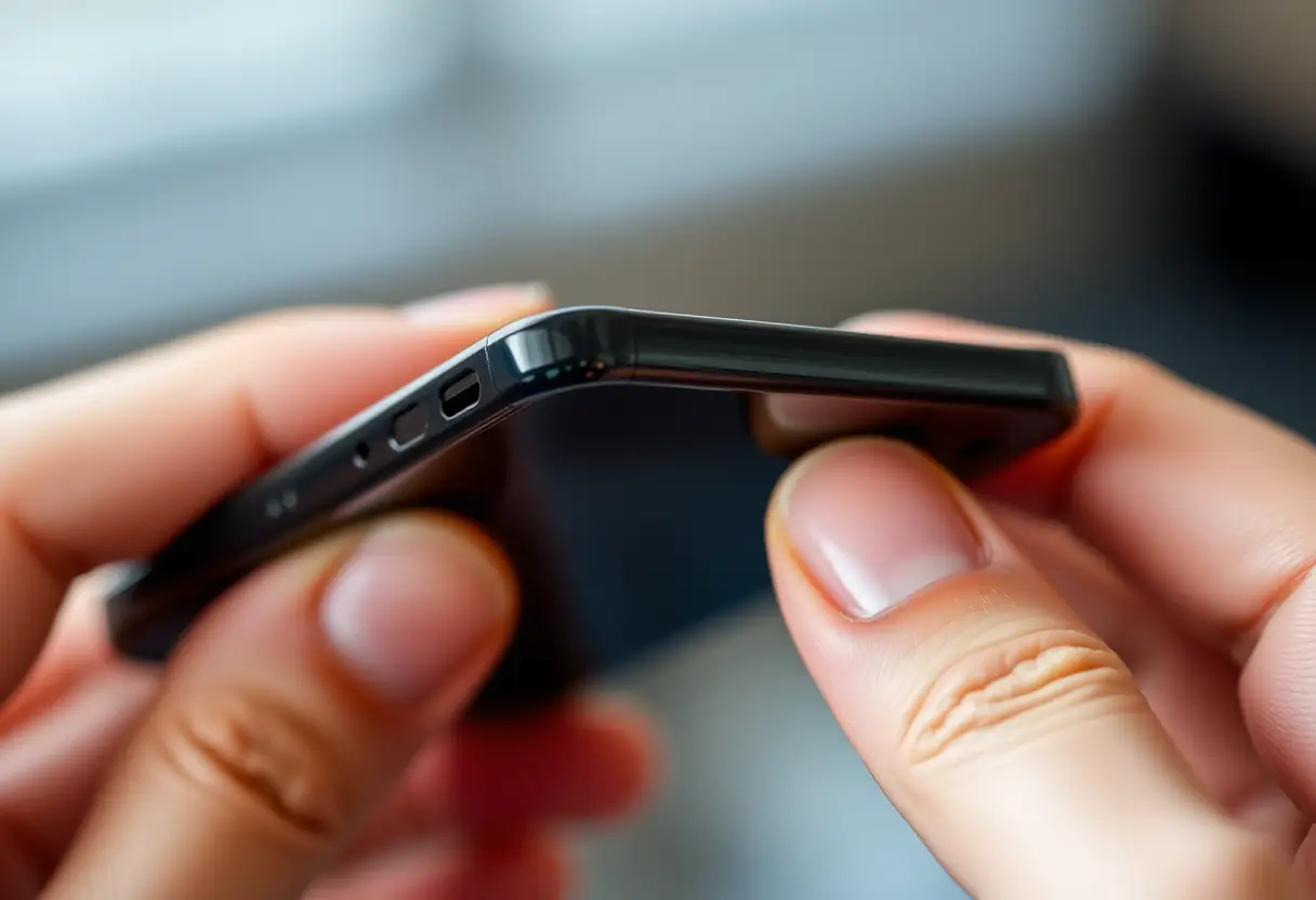 Vue rapprochée d'une coque iPhone en plastique souple qui se plie entre les doigts, soulignant sa souplesse et son confort