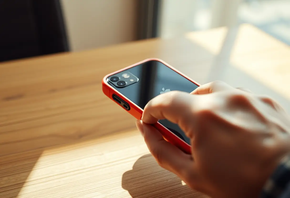 Un iPhone dans une coque Redbull posé sur une table en bois