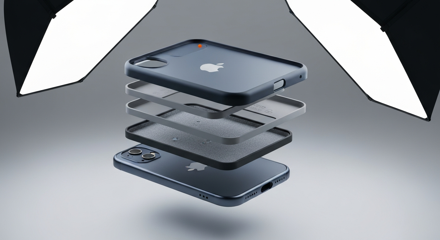 Vue éclatée d'une coque smartphone — couches techniques séparées